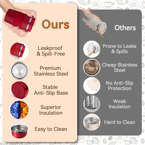 12OZ Travel Coffee Mug Insulated Coffee Cup with Spill Leak Proof Lid, Portable Stainless Steel Tumbler Reusable Hot and Cold Water Mug for Car, Daily, Camping- Red