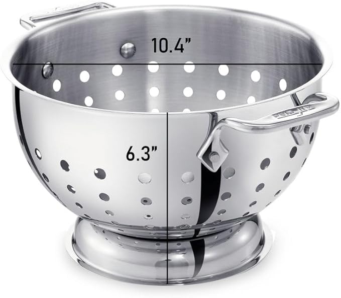 All-Clad Tools and Accessories Stainless Steel Colander 5 Quart Strainer, Pasta Strainer with Handle, Pots and Pans Silver