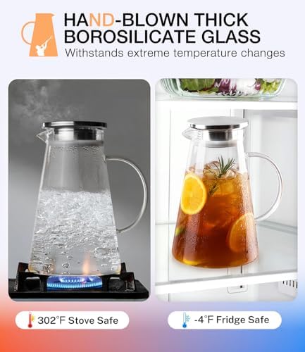 LUNA&MANTHA Glass Pitcher, 68oz Water Pitcher with lid and Handle,Ice Tea