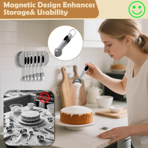 Measuring Spoons,Magnetic Measuring Spoons Set,304 Stainless Steel 7 Single Side Measuring Spoons Set and 1 Leveler with Strong N45 Magnetss,Heavy Duty Metal Kitchen Gadgets for Baking & Cooking