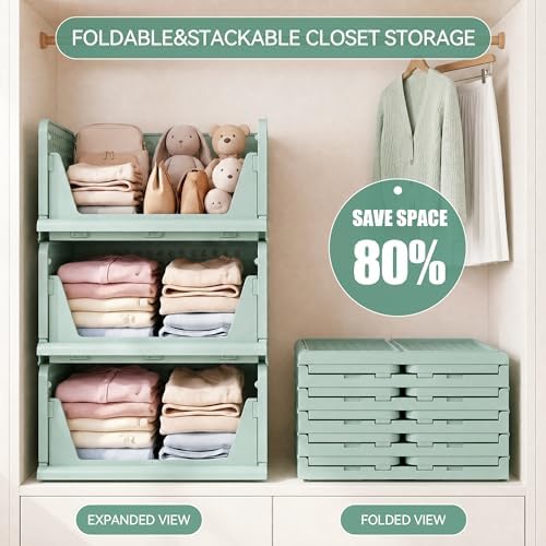 Pinkpum Green Boy Closet Organizers and Storage Stackable Plastic Drawer Basket for Clothing Stackable Storage Bins Shelf Storage Container for Rv Closet Wardrobe Bedroom Bathroom Playroom Man 6 Pack
