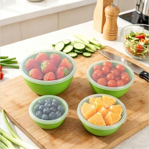 4-Piece Classic Plastic Prep Bowls with Lids, Nesting Plastic Small Mixing Bowl Set for Mixing, Baking, Prepping, Cooking and Serving Food, Microwave and Dishwasher Safe (Green)
