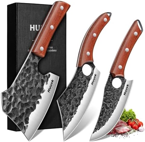Huusk Butcher Knife Set of 3 - Meat Cleaver Knife Set for Meat Processing