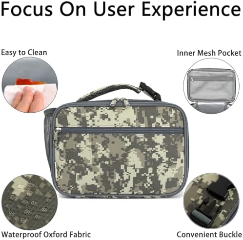 GYEUKHAM Insulated Lunch Box for School, Thermal Reusable Durable Freezable Lunch Bags for Kids Boys Girls Men Women - Small Soft Cooler Portable Lunch Tote Kit for Work Picnic Travel,Grey Camo
