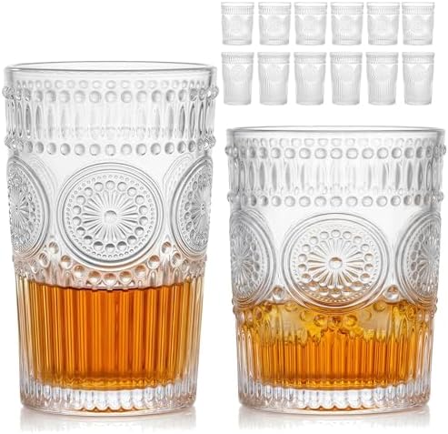 Moretoes Vintage Drinking Glasses Set of 12 Textured Striped Glass Cups