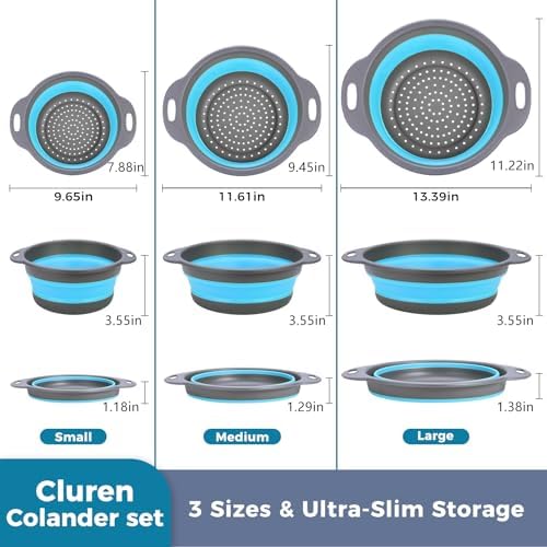 Collapsible Colander Set with Oversized Draining Tray | 3-Pack Foldable Kitchen Strainers + Base | Space Saving for Pasta, Veggies, Fruit & Rice | 5 Colors (Gray-Blue)