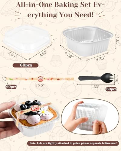 YQER 60 Pack 10oz Mini Cake Pans with Lids, Spoons, Stickers - Disposable Square Brownie Baking Cups - Individual Small Aluminum Foil Loaf Tins for Muffin, Ramekins, Cupcake - White Valentines, Sliver