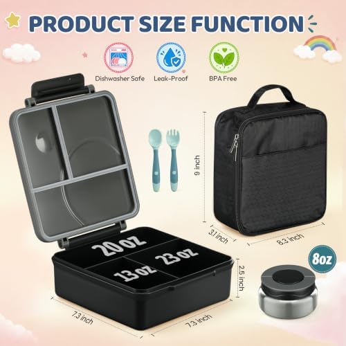 Itslife Bento Lunch Box for Kids with 8oz Soup Thermo&Lunch Bag, Leak-Proof Lunch Food Containers with 4 Compartment, Hot Food Insulated Food Jar for Kids School (Black)