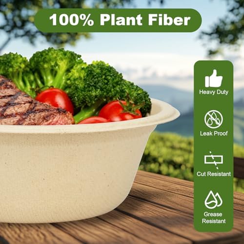 Neyimqr 125 Pack 12 OZ Paper Bowls, Natural Compostable Disposable Soup Bowls, Eco-Friendly Bagasse Serving Plates and Bowls for Hot Food or Cold Use