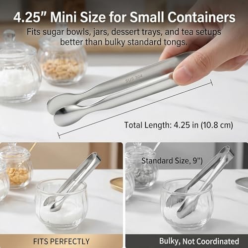 Mini Serving Tongs Set of 6, 4.25" Stainless Steel Sugar Cube Tongs Silver