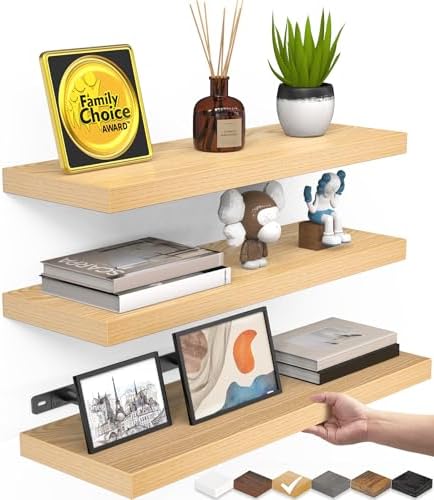 BAYKA Light Oak-Toned Floating Shelves 15.7in, Set of 3, Wall Mounted Shelf