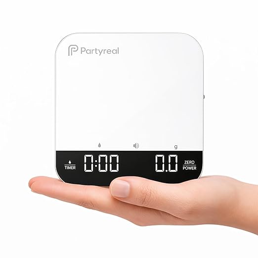 Partyreal Digital Kitchen Coffee Scale, Slim Food Scale with Tare and g/oz/ml Units, Backlit Display, USB-C Rechargeable with AAA Backup, 3kg, White