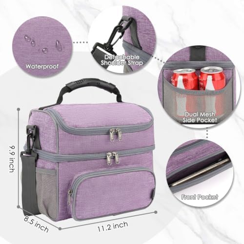 FlowFly Double Layer Cooler Insulated Lunch Bag Adult Lunch Box Large Tote Bag for Men, Women, With Adjustable Strap,Front Pocket and Dual Large Mesh Side Pockets