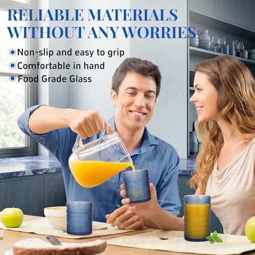 Hobnail Drinking Glasses Set of 12 Kitchen Glass Cups Glassware, Blue