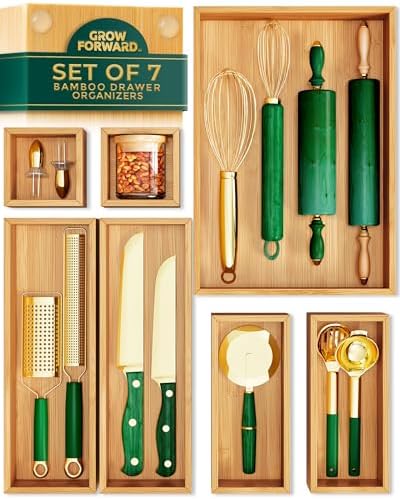 Grow Forward Bamboo Drawer Organizer Boxes - Set of 7 Wooden Drawer Organizers for Kitchen, Bathroom, Office, Desk, Vanity, Makeup - Non-Slip Junk Drawer Organizer Trays for Storage and Organization