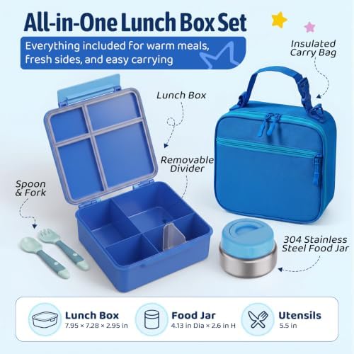 Bento Box for Kids with Thermo Food Container (9oz), 4-Compartment Lunch Box, Adjustable Divider, Leakproof Bento Lunch Box, Includes Utensils & Carry Bag for School, Office(Blue)
