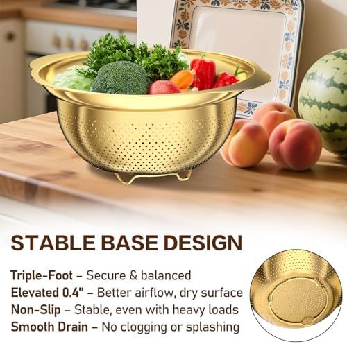 Stainless Steel Strainers for Kitchen, Stainless Steel Colander, Kitchen Strainer for Pasta Fruits Vegetables, 3 Pack Strainers and Colanders(5QT, 3QT, 2QT), Rust-Proof & Dishwasher Safe, Gold