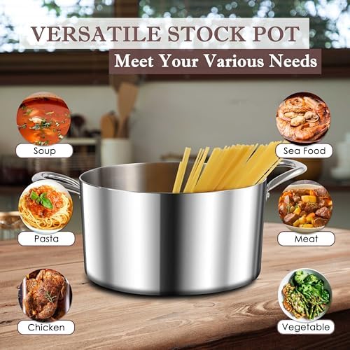Herogo 4.5 Quart Stock Pot, Tri-Ply Cooking Pot with Lid, 18/10 Stainless Steel Pasta Stockpot with Handles, 4.5 QT Stockpot for Induction Electric Gas Stove, Dishwasher Safe