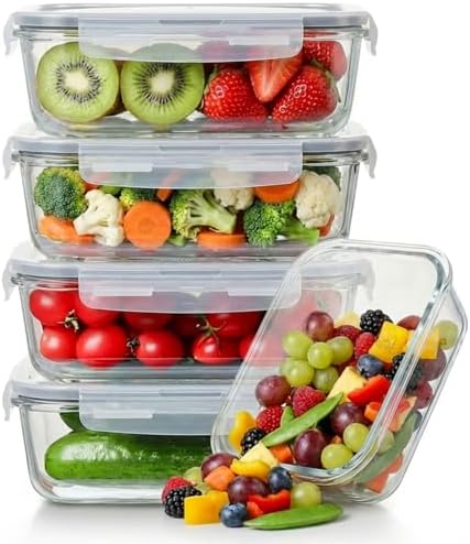 5 Pack 36oz Borosilicate Glass Food Storage Containers Set with Lids, Freezer Meal Prep Containers, Airtight Bento Lunch Container Set, Oven, Freezer and Dishwasher Safe, BPA Free, Kitchen Storage Set