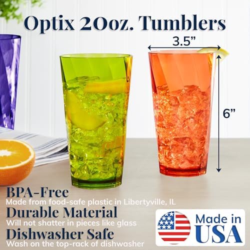 US Acrylic Optix Plastic Reusable Drinking Glasses (Set of 8) 20oz Water Cups in Jewel Tone Colors | BPA-Free Tumblers, Made in USA | Top-Rack Dishwasher Safe (Pack of 3)