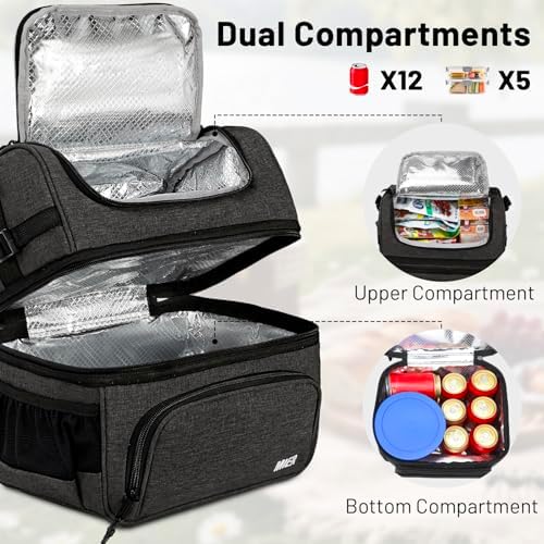 MIER Lunch Box for Men Dual Compartment Adult Lunch Bag for Work, Dark Grey