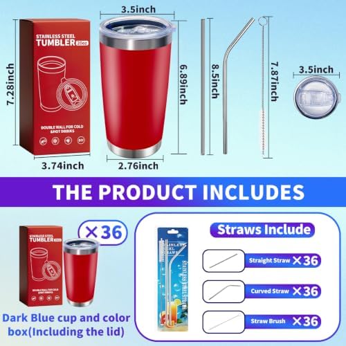 HAOLI 36 Pack Bulk 20oz Stainless Steel Tumblers, Lids & Straws, Red