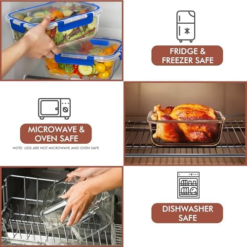 Razab 2 Pcs 1860ml / 63 Oz Large Glass Food Storage Containers with Lids - Glass Meal Prep Containers with Locking Lids for Roasting, Storing Leftover, Lunch Container, BPA Free, Microwave & Oven Safe