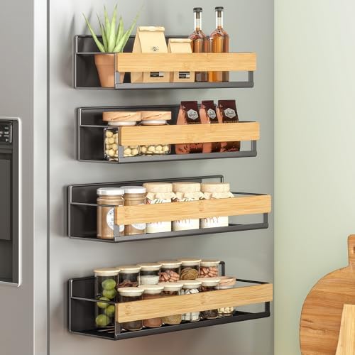SONGMICS 4-Pack Strong Magnetic Real Bamboo Spice Racks for Fridge