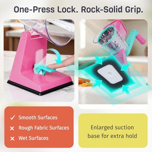 Upgraded Rotary Cheese Grater with 3 Interchangeable Stainless Steel Drums, One-Press Powerful Suction Manual Vegetable Shredder&Slicer for Kitchen, 15pcs Storage Bags Included, Rose-red&Green