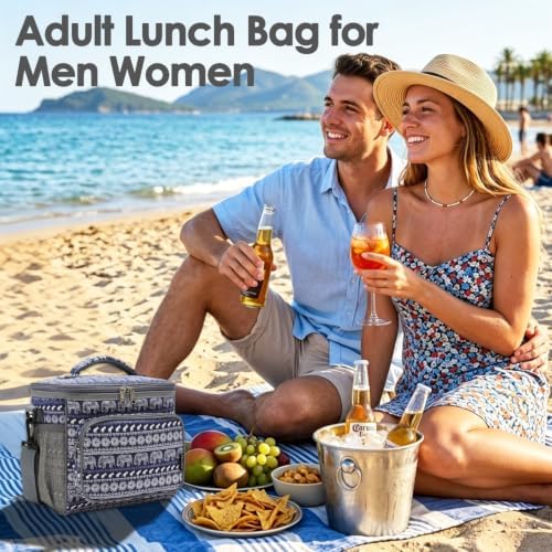 FlowFly Insulated Reusable Lunch Bag Adult Large Lunch Box for Women and Men with Adjustable Shoulder Strap,Front Zipper Pocket and Dual Large Mesh Side Pockets,Elephant