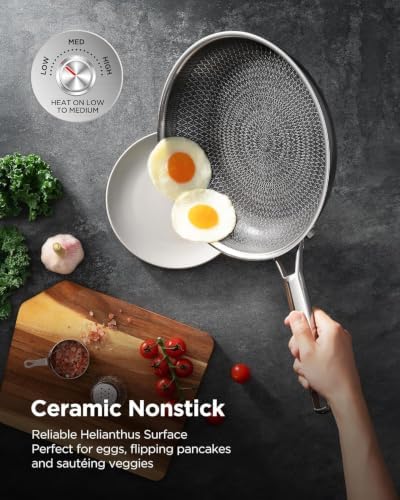 Wok pan with Lid, Hybrid Ceramic 13 Inch Tri-Ply Stainless Steel Woks & Stir-fry Pans Nonstick, Non-Toxic, PFAS/PFOA/PTFE Free, Metal Utensil Safe, Dishwasher & Oven Safe, Induction Compatible