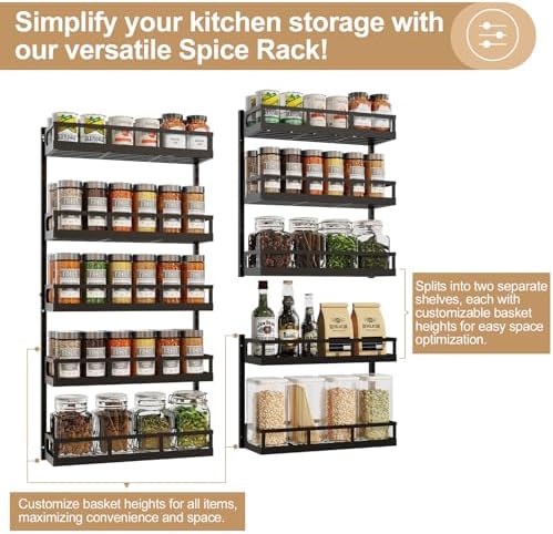X-cosrack Wall Mount Spice Rack Organizer 5 Tier Height-Adjustable Hanging Spice Shelf Storage for Kitchen Pantry Cabinet, Dual-Use Seasoning Holder Rack with Hooks, Black-Patented