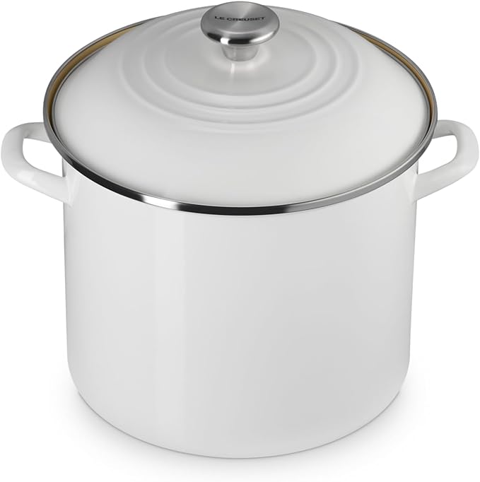 Le Creuset Enamel on Steel Traditional Stockpot, 12 qt., White with Stainless Steel Knob