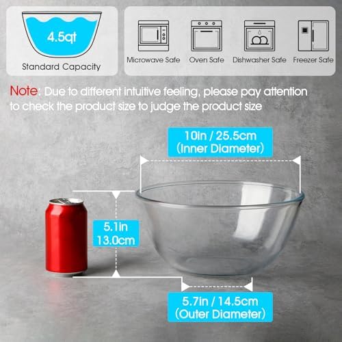 NUTRIUPS 4.5QT Large Glass Mixing Bowl, Big Clear Salad Bowls