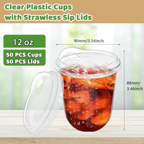 50 Pack 12 oz Clear Plastic Iced Coffee Cups with Strawless Sip Lids