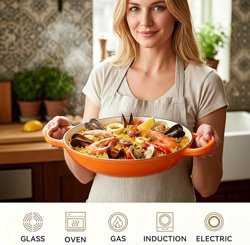 3 Quart Enameled Cast Iron Braiser, Non Stick Enameled Cast Iron Skillet with Lid, Dutch Oven Skillet with lid up to 500°F for Oven, Stove, Grill, Shallow Dutch Oven for Cook, Bake (Orange)