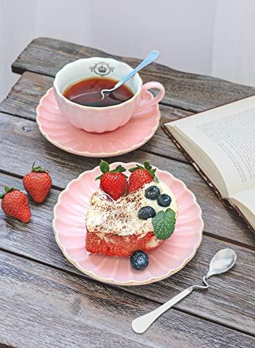 Royal Tea Cups and Saucers, with Gold Trim and Gift Box, British Coffee Cups, Porcelain Tea Set, Set of 6 (8 oz)- Pink