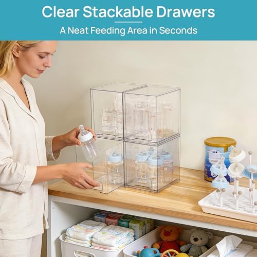 Vtopmart Clear Stackable Storage Drawers, 4 Pack Tall Plastic Organizers