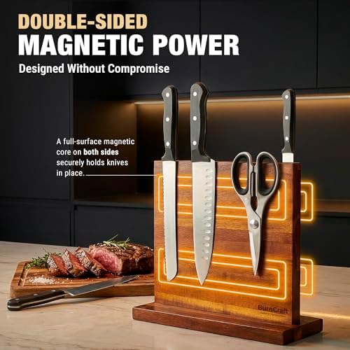 Magnetic Knife Block, Double Sided Acacia Wood Knife Holder Rack, Countertop Stand for Kitchen Knives Storage with Strong Magnets 12 x 10 Inch