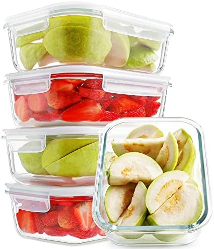 HOMBERKING Large Glass Meal Prep Containers, 5 Sets 35oz | 4.5cups, Food Storage With Lids, Airtight Bento Boxes, BPA Free & Leak Proof (5 Lids & 5 Containers)