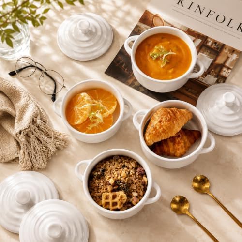 Mini Dutch Oven Set of 4, 14 oz Ceramic Mini Dutch Ovens with Lids and Handles, Ramekins with Lids for French Onion Soup, Pot Pies, Soufflés and Baked Desserts, Oven Microwave Dishwasher Safe, Mini Cocotte, White