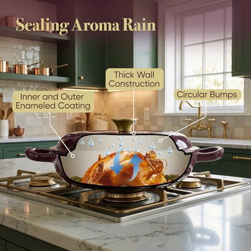 3 Quart Enameled Cast Iron Braiser, Non Stick Enameled Cast Iron Skillet with Lid, Dutch Oven Skillet with lid up to 500°F for Oven, Stove, Grill, Shallow Dutch Oven for Cook, Bake (Fig)