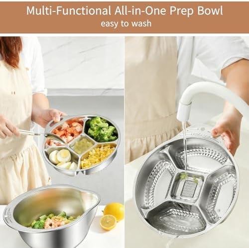 Rice Washer Strainer Bowl with Vegetable Divider Tray, Stainless Steel Rinser Washing Bowl, Small Colander Rice Strainer Versatile Kitchen Tool for Quinoa, Vegetables, Fruits, Beans Cleaning