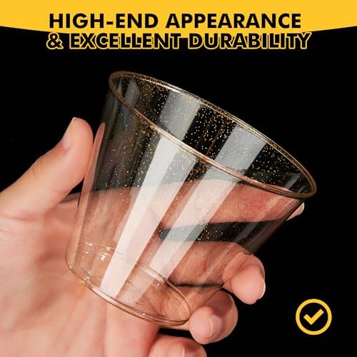 RACETOP 100 Pack 9 oz Gold Glitter Plastic Cups Tumbler