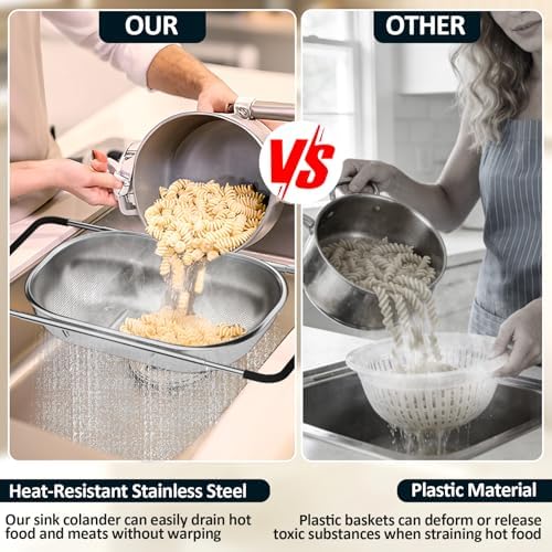 Over the Sink Colander - Strainers and Colanders - Sink Strainer Basket - Expandable Fine Mesh Strainer with Rubber Grip for Veggie, Fruits, Pasta, Home Kitchen Essentials (9.5W x 13.4-21.3L x 3.3H)