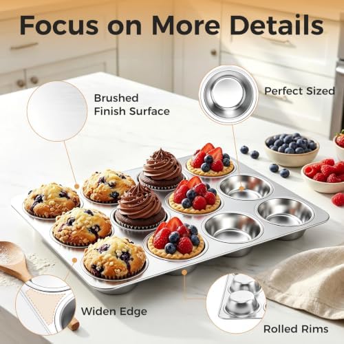 Onader Stainless Steel Muffin Pan Tin 12-Cup, 2 Pack Cupcake Pan for Baking
