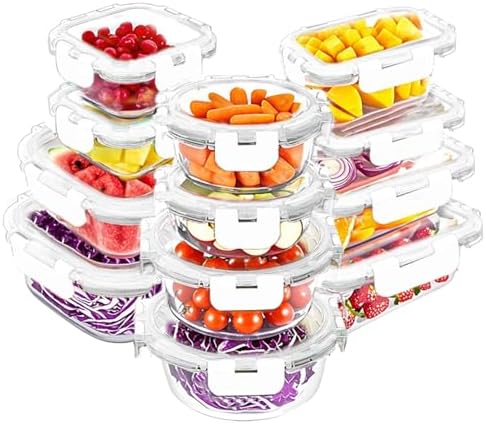 VERONES 12 Packs Glass Food Storage Containers Set with Lids, White