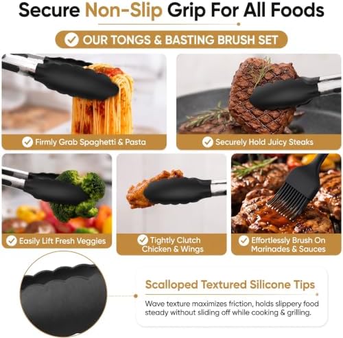 Kitchen Tongs for Cooking, 3 Tongs 7", 9", 12" + Oil Brush, Heat Resistant 600°F, Non-Slip Silicone Tips, Heavy Duty Metal Locking Tongs, Black, Salad, BBQ Grill, Pasta Silicone Tongs, Dishwasher Safe