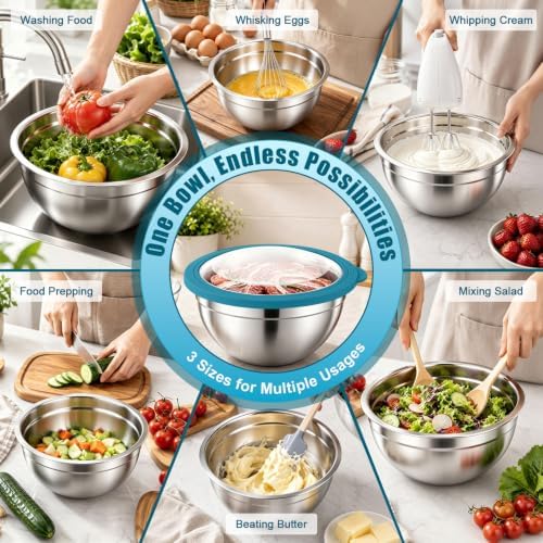 P&P CHEF Stainless Steel Mixing Bowls with Visible Airtight Lids, Blue