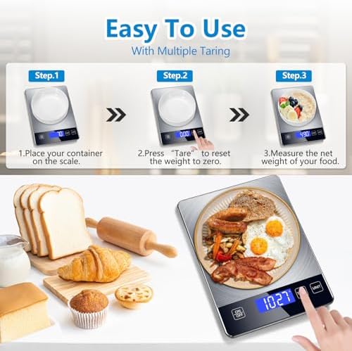 Food Kitchen Scale, Digital Food Scale 33lb Digital Kitchen Scale Precisely Measures Grams and Ounces for Meal Prep Baking and Cooking, 304 Stainless Steel Kitchen Scale LCD Display